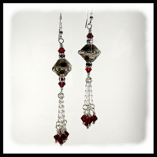 Artisan Murano glass and Siam red swarovski crystal dangle earrings