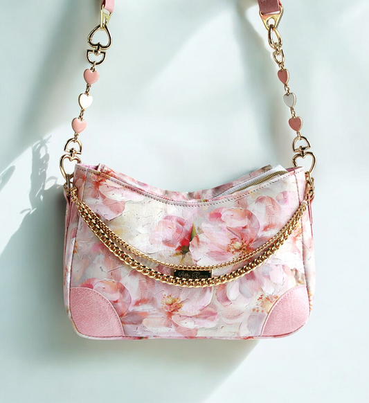 Passionate Pink Annabelle Shoulder Bag – pink floral handbag with gold chain accent and pink heart extenders