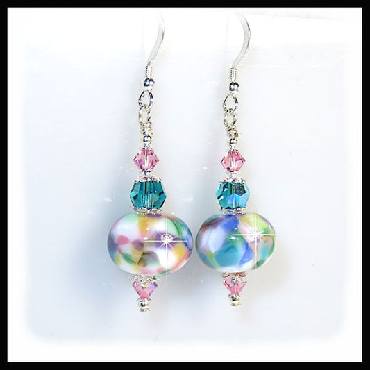 Pastel mixture of purple, pink and blue lampwork glass earrings with turquoise and rose swarovski crystals