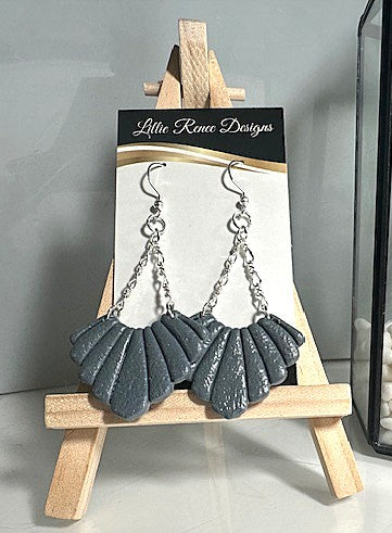 Slate blue polymer clay fan earrings on sterling silver chain.  3" long earrings
