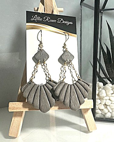 Taupe fan polymer clay earrings on gold plated chains. 3" long earrings