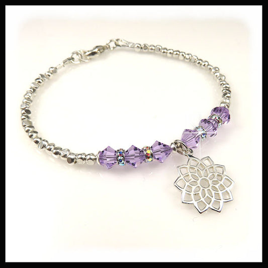 Violet Swarovski Crystal Bracelet with Crown Chakra charm and sterling silver nuggets