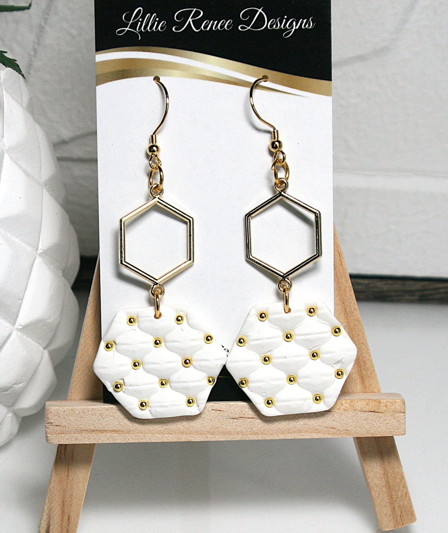 White and gold earrings,  quilted texture polymer clay earrings with gold beads and hexagon connectors