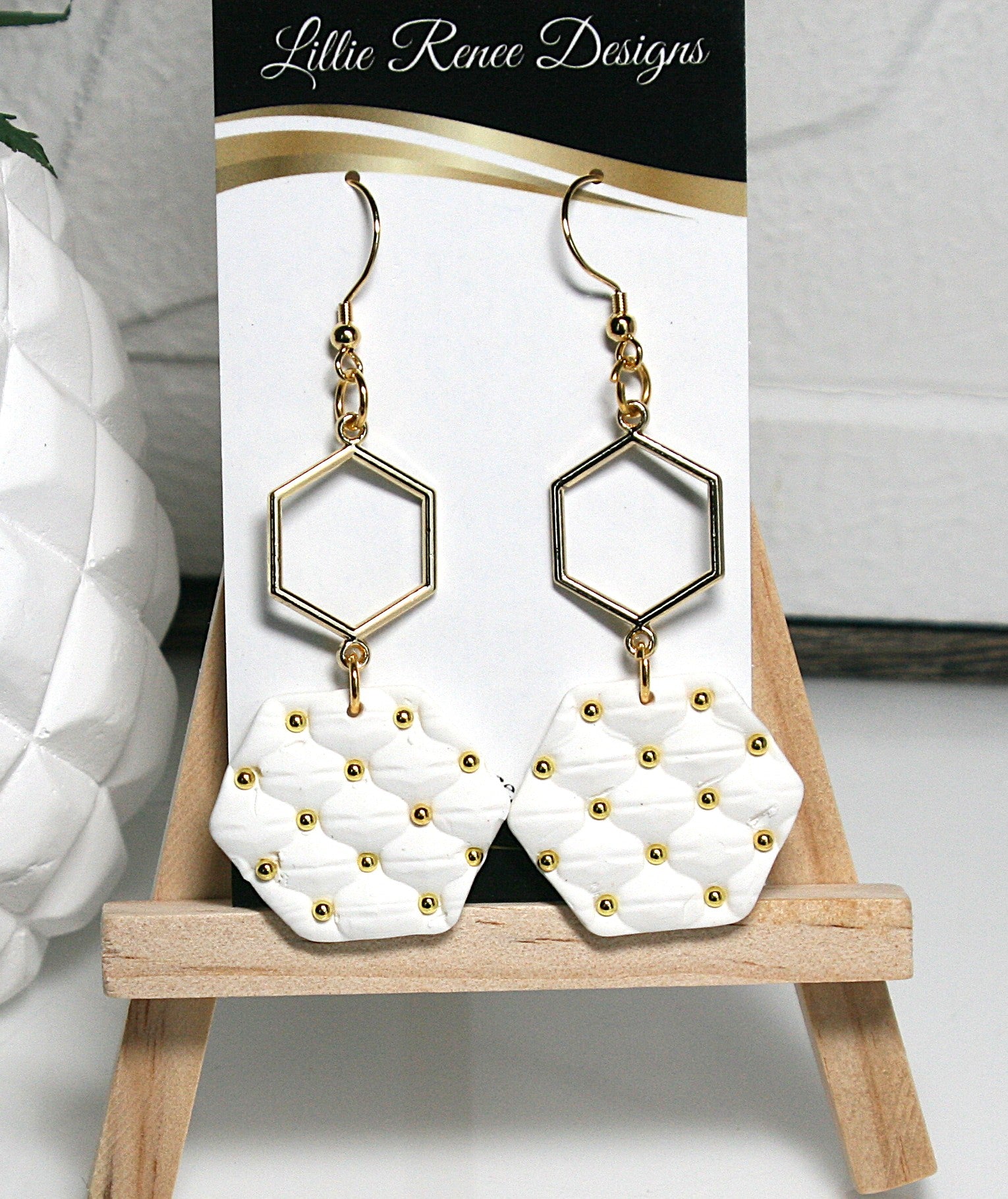 White and gold earrings,  quilted texture polymer clay earrings with gold beads and hexagon connectors