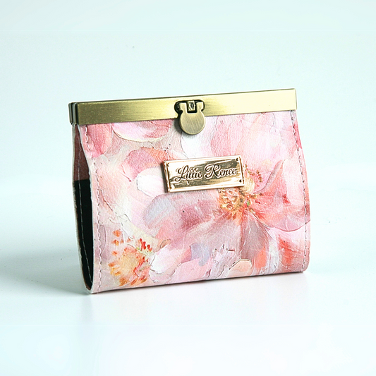 Handmade Pink Floral Accordion Card Wallet with gold flip-lock bar, holds over 10 cards and cash and great for business cards as well