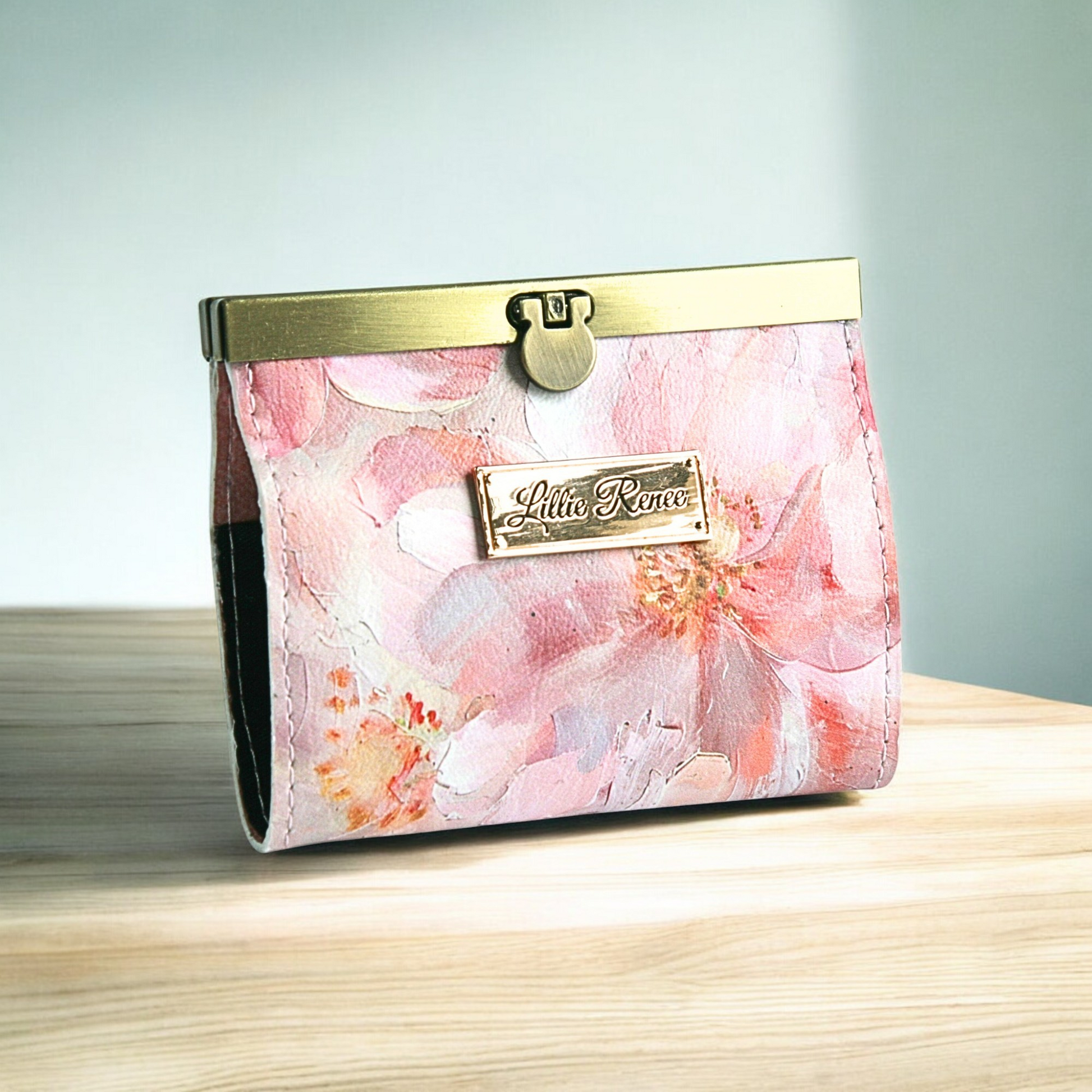 Handmade Pink Floral Accordion Card Wallet with gold flip-lock bar, holds over 10 cards and cash and great for business cards as well