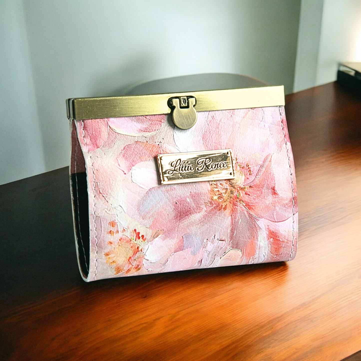 Handmade Pink Floral Accordion Card Wallet with gold flip-lock bar, holds over 10 cards and cash and great for business cards as well