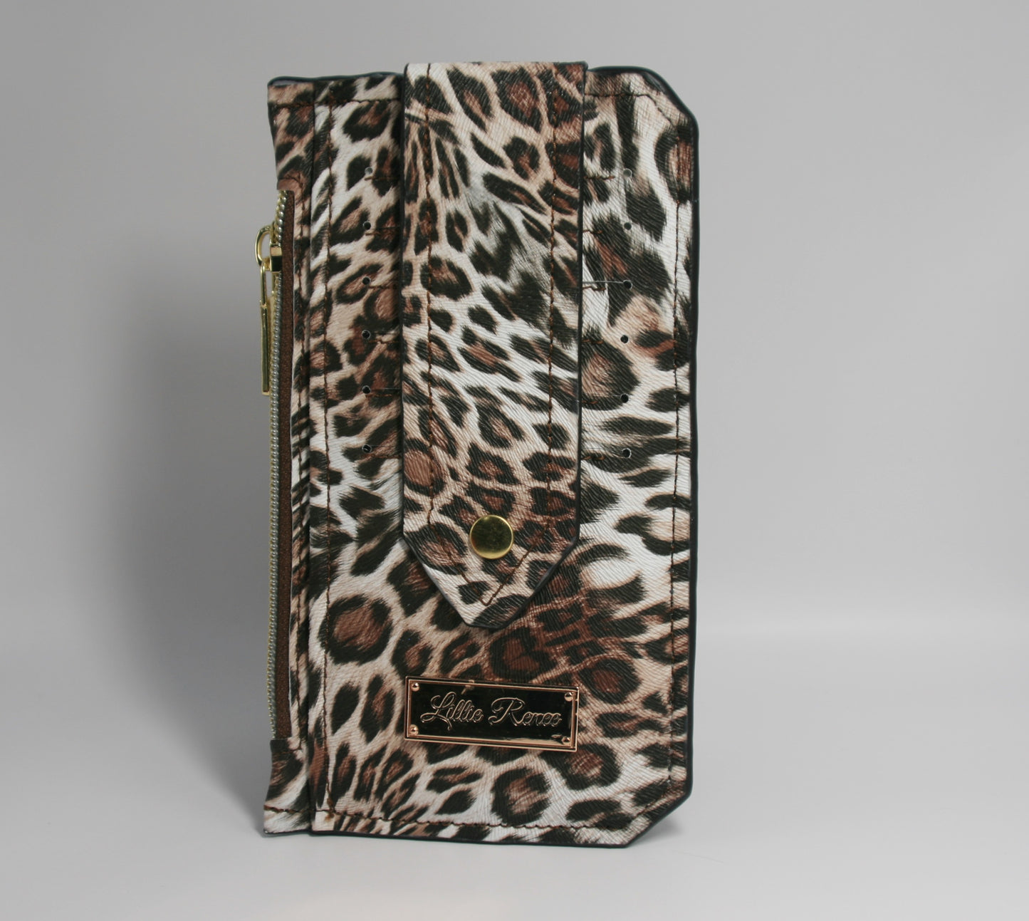 Brown leopard print vinyl Purse Pal slim wallet featuring six card slots secured with a snapped flap,