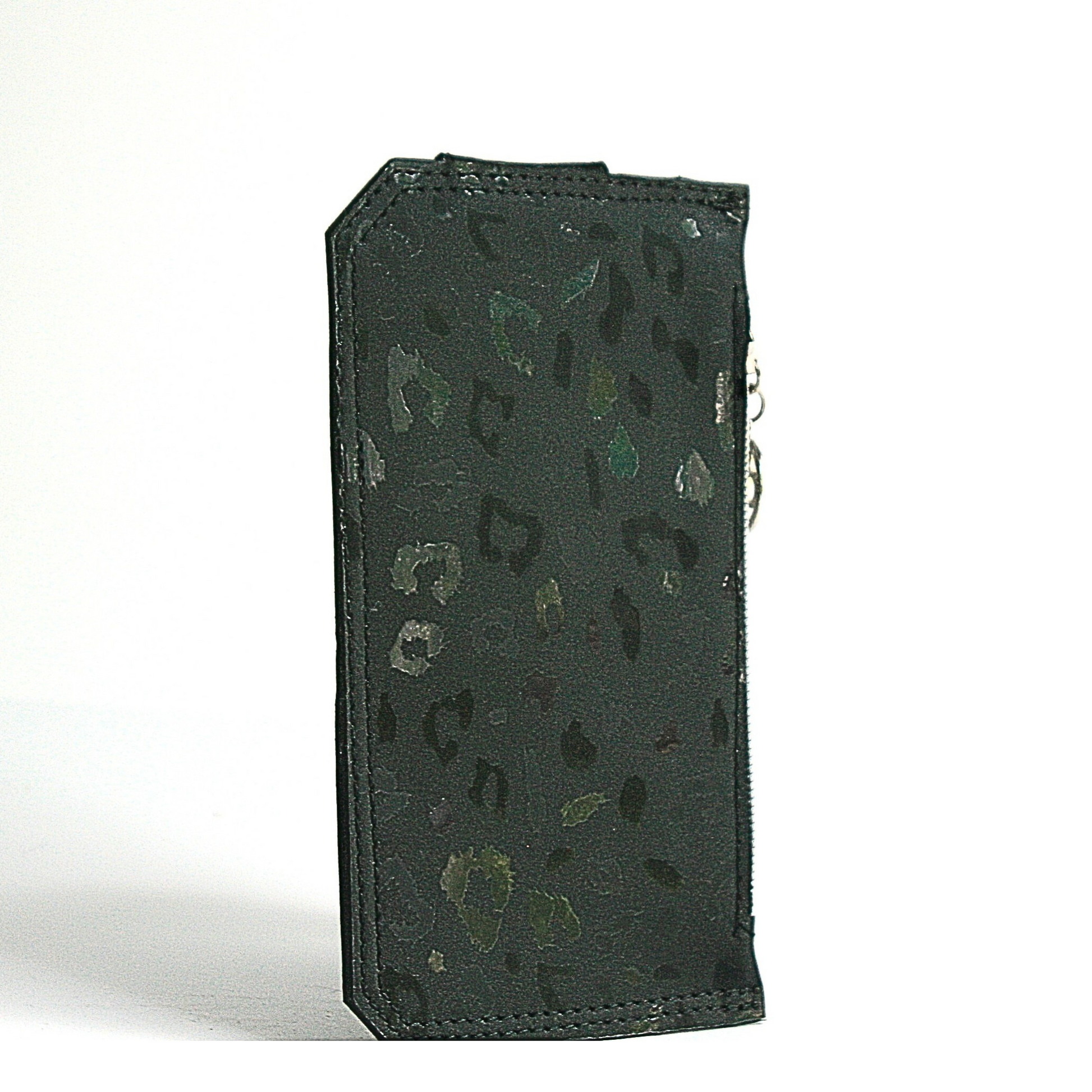 Slim black wallet made with glossy black leopard print vinyl, featuring six card slots, a cash slip pocket, and a zipper coin pocket"