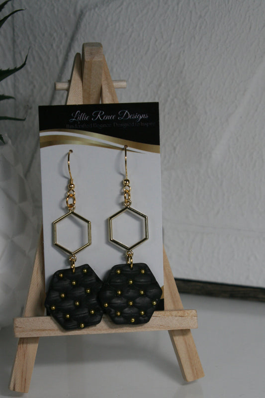 black faux quilted polymer clay earrings with gold plated beads and  hexagon connector