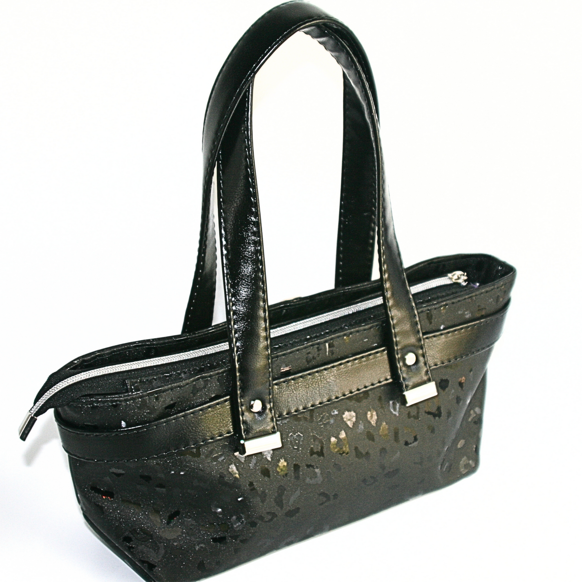 Back of an Elegant black leopard print east west purse with adjustable strap, silver accents, and satin finish — part of the Black Gloss Luxe collection.”