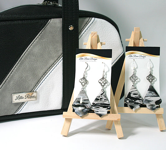 Curved Teardrop Dangle Earrings – Black, White & Gray Polymer Clay with Sterling Silver Wires