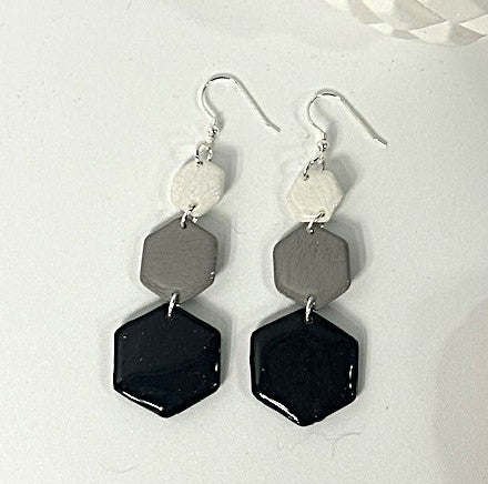 Frosted Obsidian polymer clay earrings with black, gray, and white circle drops on sterling silver wires