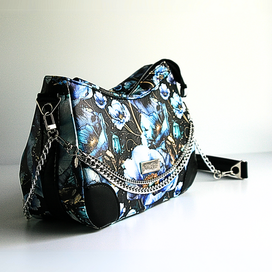 blue poppies shoulder bag with decorative silver chain