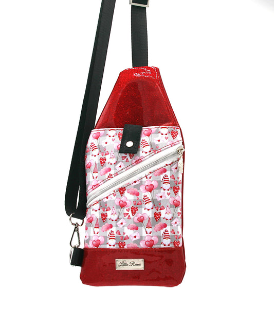 Valentine Gnome Mini Traveler Sling – Red & Pink Gnomes with Hearts & Glitter Vinyl
