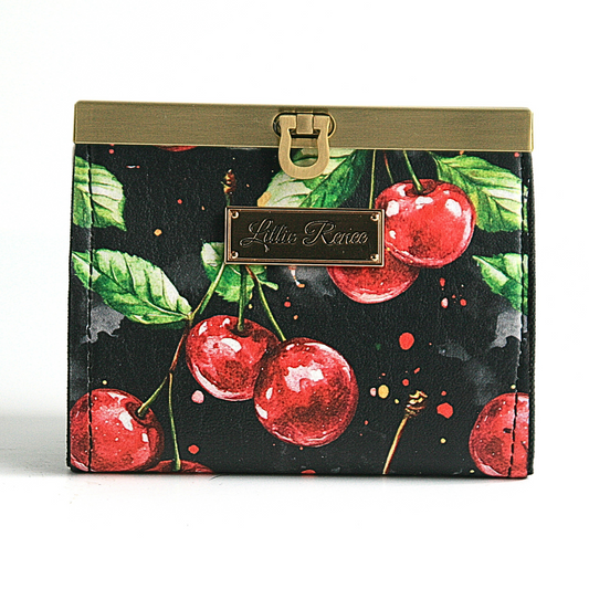 "Cherries Jubilee accordion wallet with cherry vinyl, gold bar clasp.