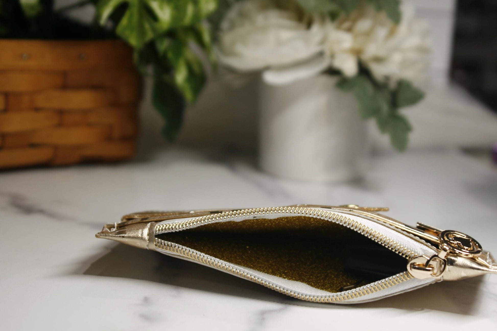 coin pocket in gold metallic wallet