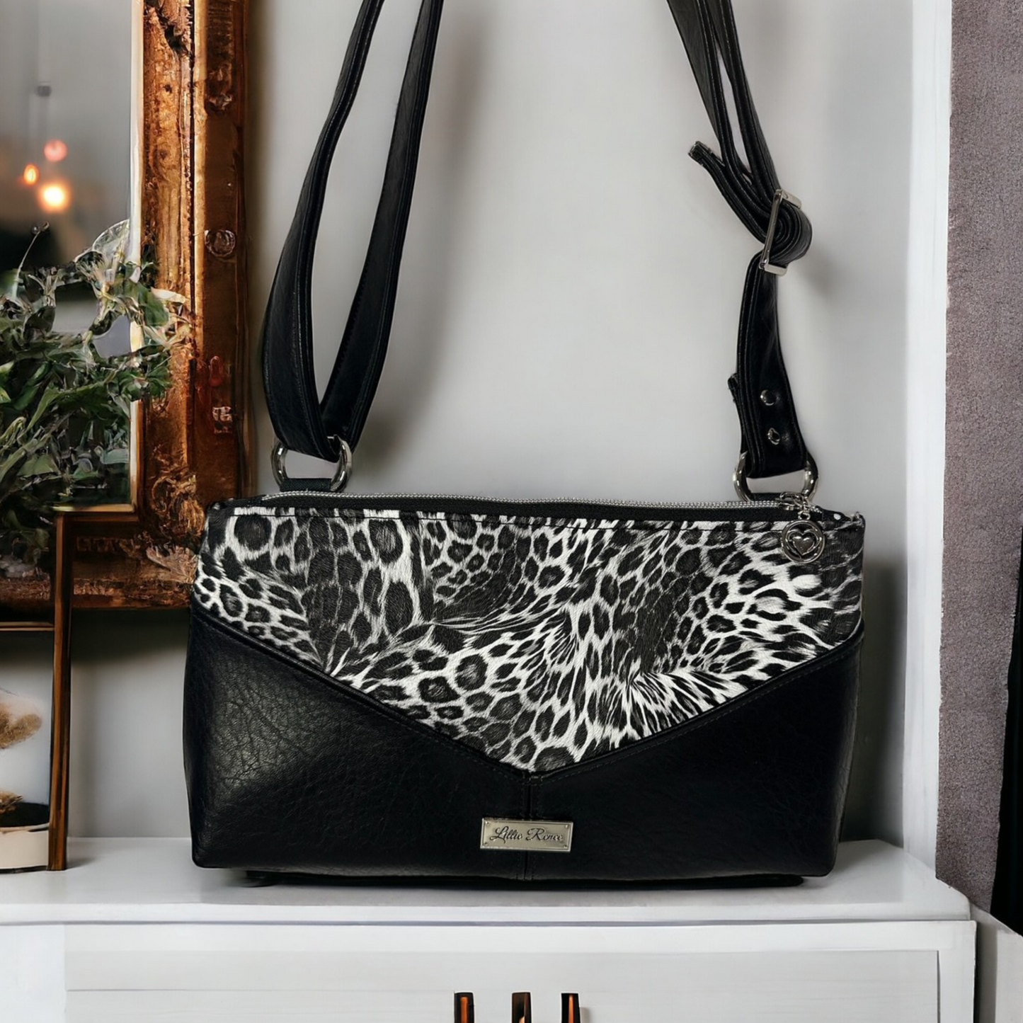 Handmade Leopard Print Crossbody Purse – Features a Black Leopard Vinyl Exterior, Adjustable Faux Leather Strap, and Silver Hardware for a Chic and Stylish Look.