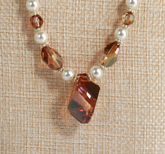 Copper Swarovski Crystal & White Pearl Necklace – Handmade Sterling Silver Jewelry, 18"-19"