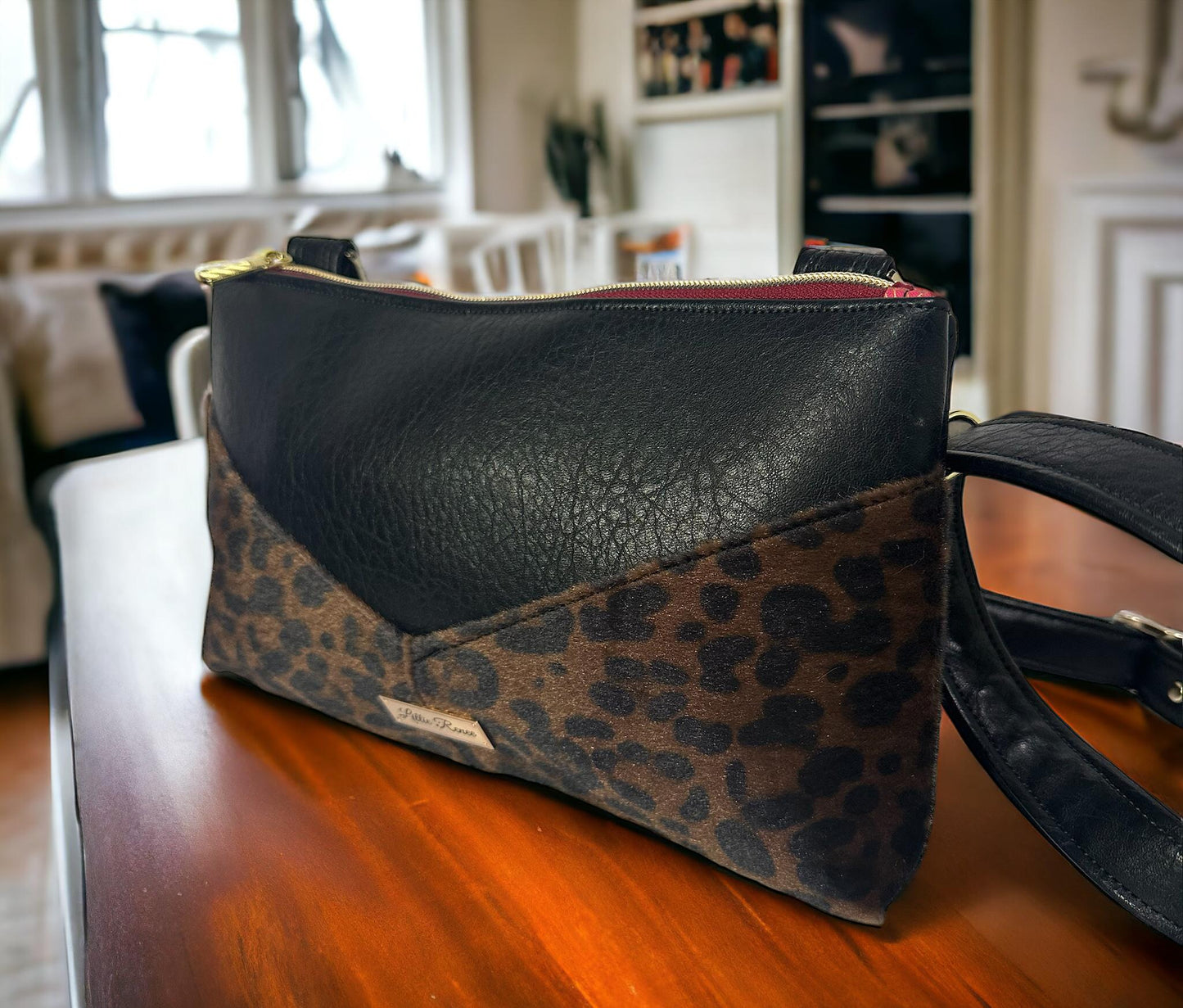 Luxe Leopard Harlequin Crossbody – Brown Faux Fur & Black Faux Leather with Gold Accentsquin pouch.
