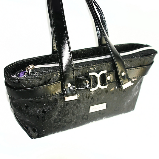 Handmade black leopard east west  shoulder bag with chic silver hardware.”

