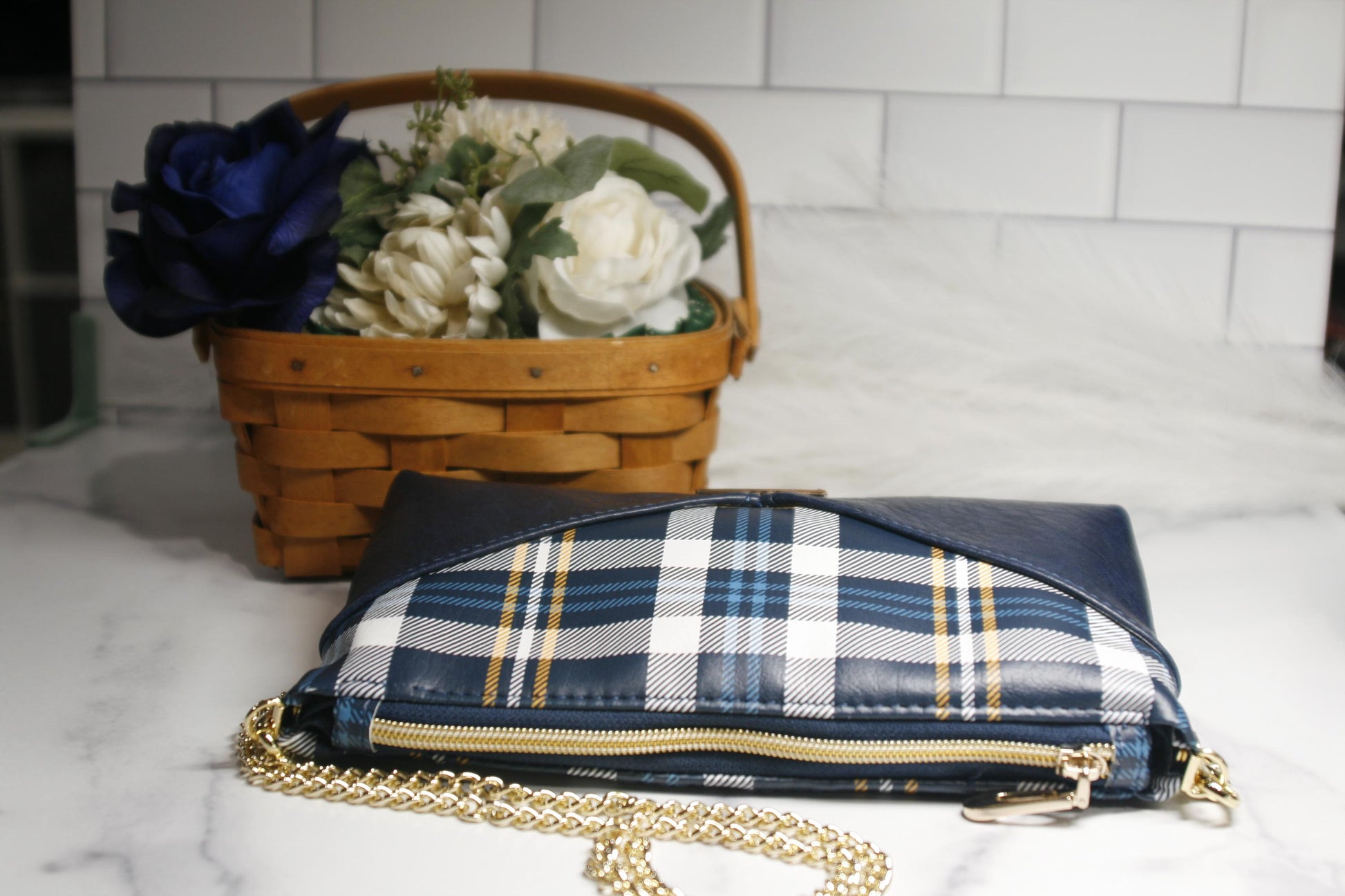 top of blue tartan plaid bag with gold chain