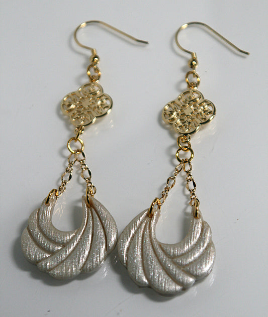 Ivory shimmer polymer clay and gold plated shoulder dusters with gold plated connector