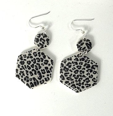 Leopard Hexagon Polymer Clay Earrings – Black, Gray & White with Silver-Plated Stainless Steel Ear Wires