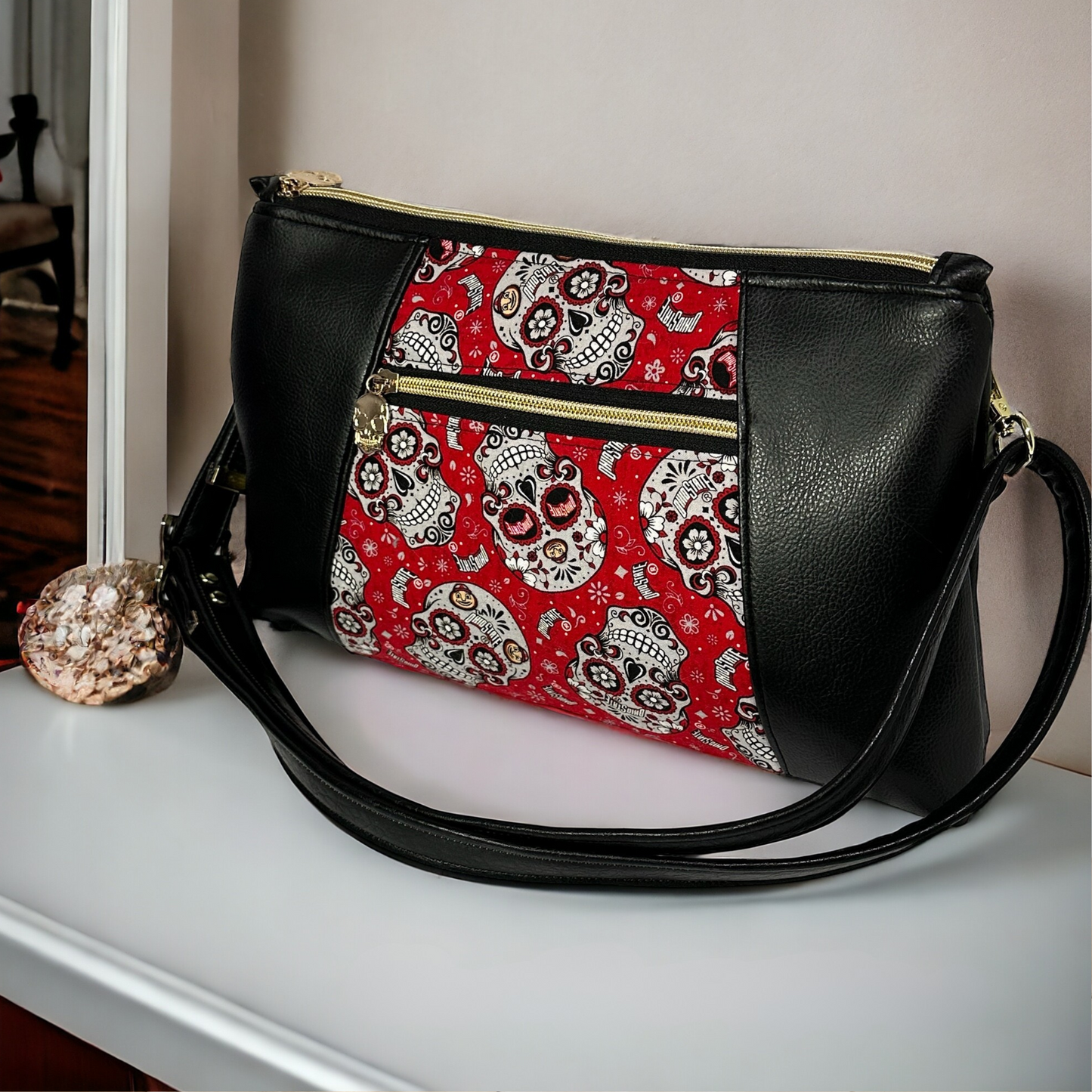 Skull Spirit Large Crossbody – Black, Red & Gray Skull Print Bag with Faux Leather Accents & Adjustable Strap