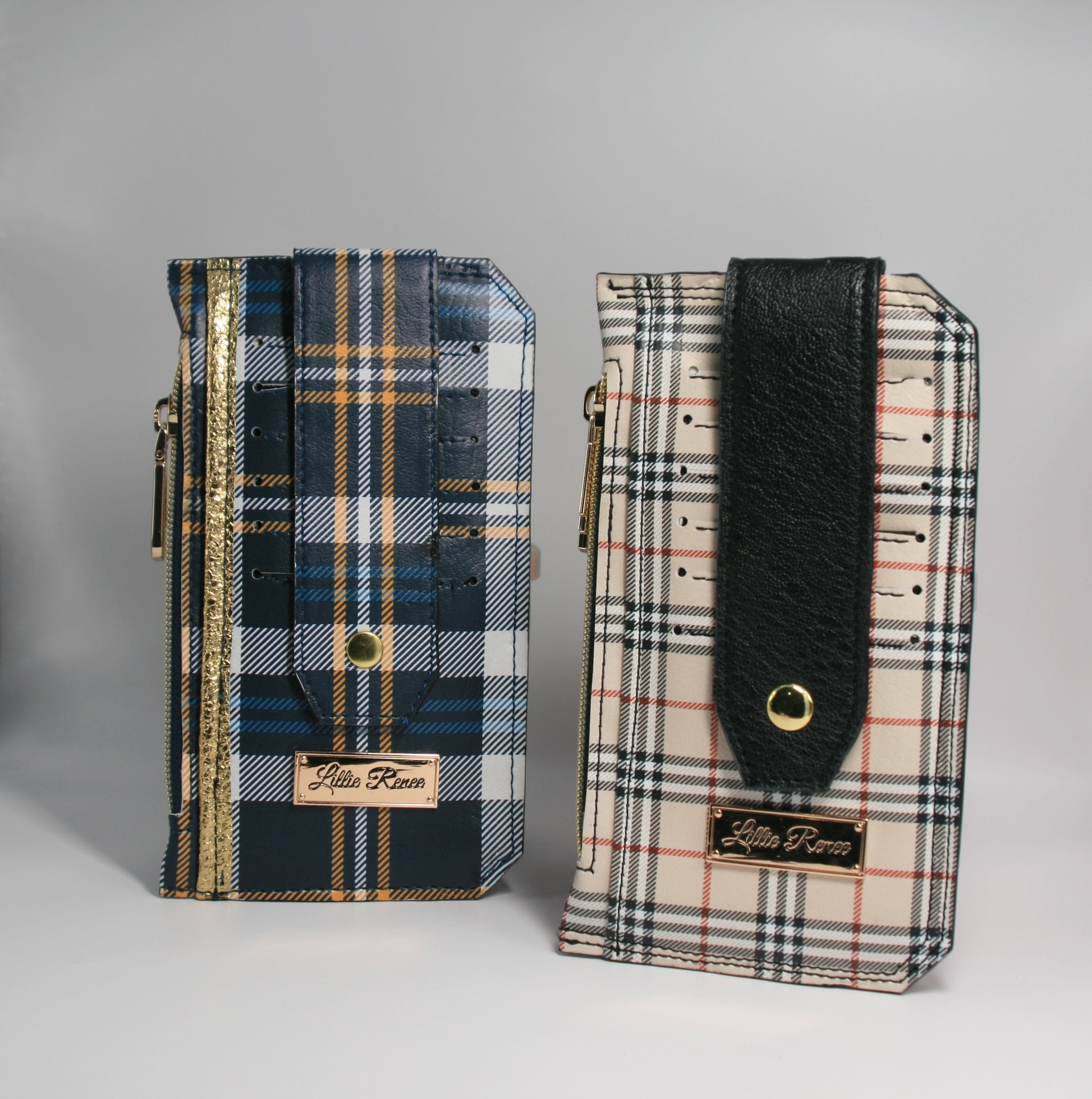 Tartan plaid Purse Pal slim wallet in blue and gold, crafted with six card slots, a secure snapped strap closure, a zippered coin pocket, and a cash slip pocket. Gold hardware adds a touch of sophistication, making this wallet a great fashion accessory for work, travel, and everyday essentials.

and check out our other Tartan Editions