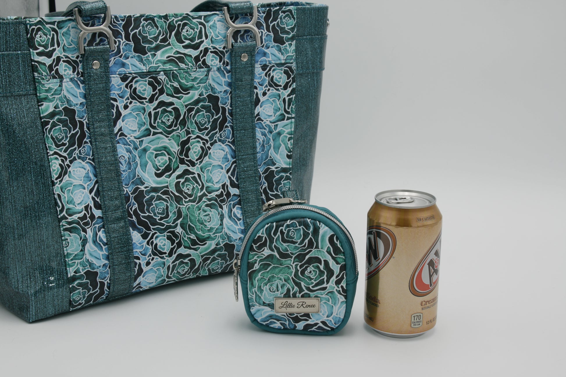 Green and Blue Seaglass Roses. THE CLIP ON bag IN COMPARISON TO A TOTE BAG AND CAN OF POP