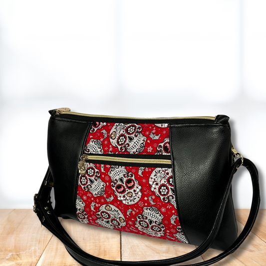 Skull Spirit Large Crossbody – Black, Red & Gray Skull Print Bag with Faux Leather Accents & Adjustable Strap