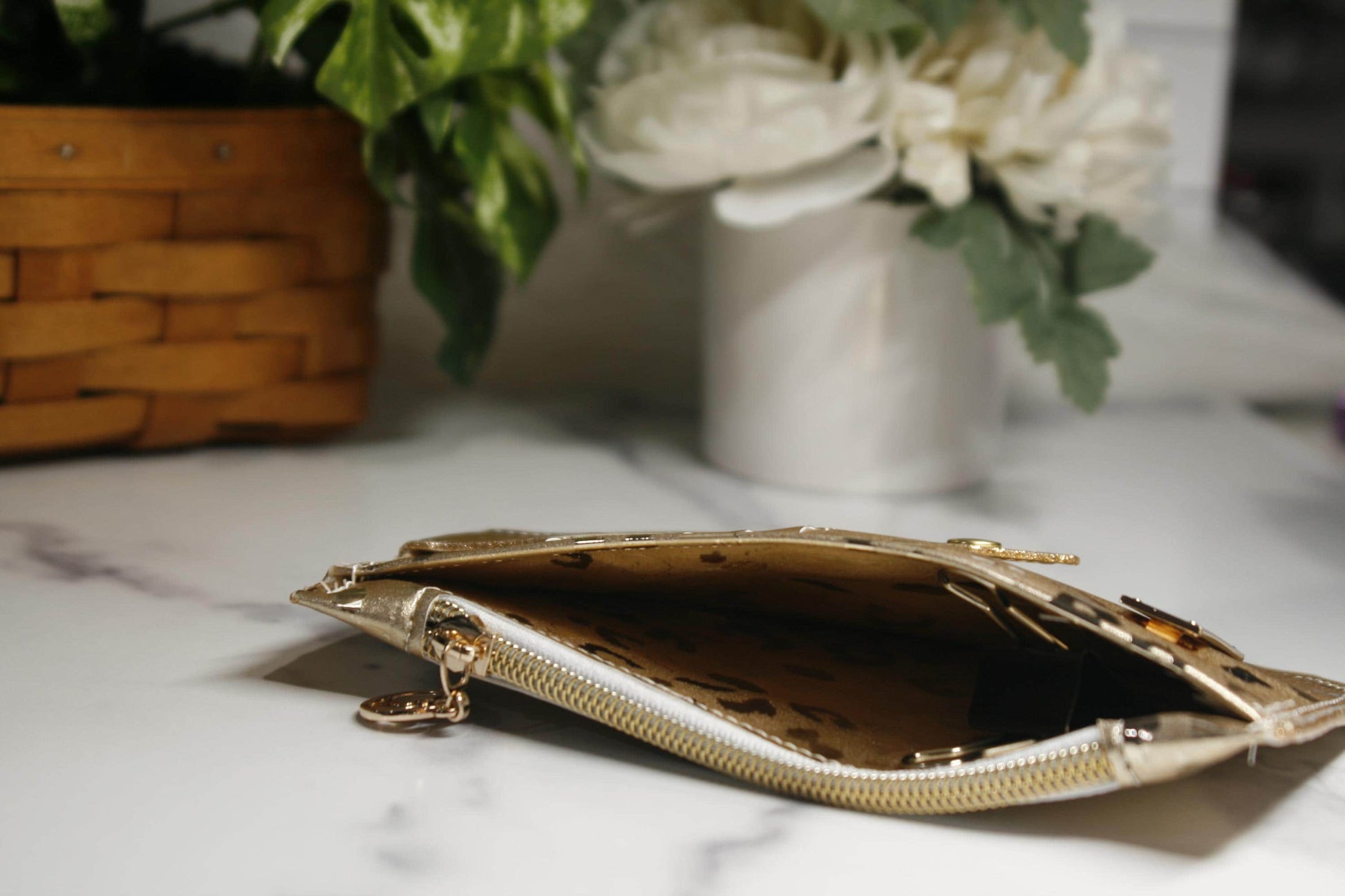 Slip pocket in gold metallic wallet