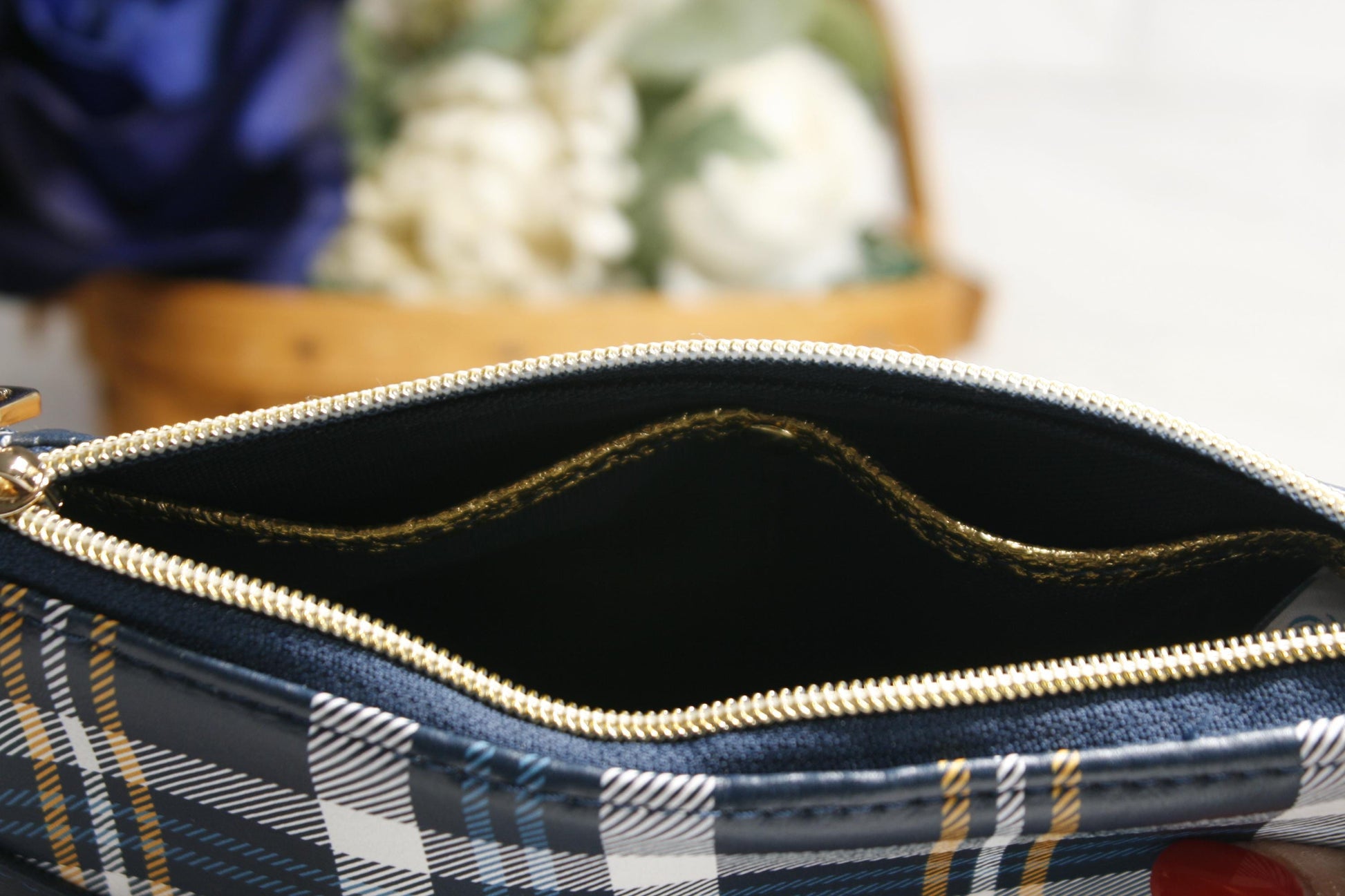 slip pocket with gold trim