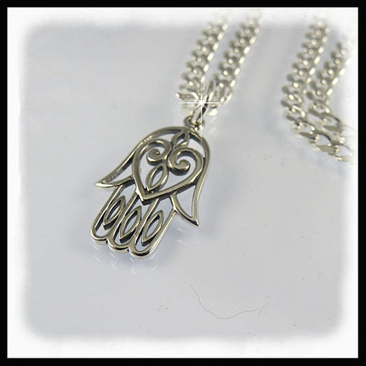 sterling silver hand of hamsa charm on 21" diamond cut curb chain necklace
