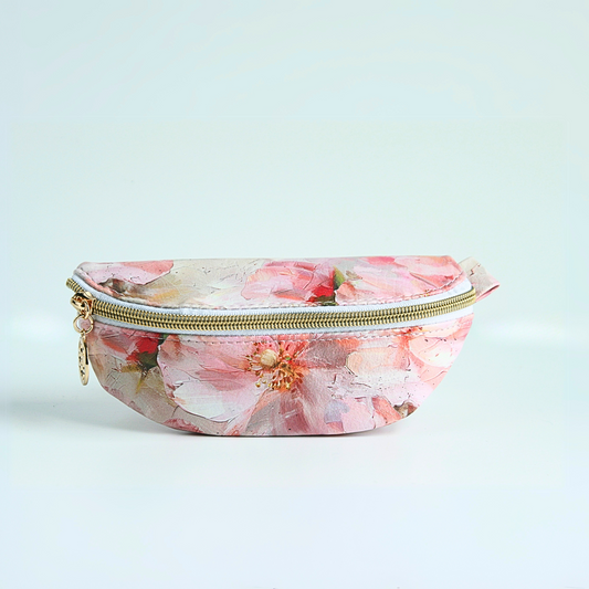 Handmade medium pink floral sunglass case with water-resistant canvas interior and gold zipper hardware from the Passionate Pink Collection.