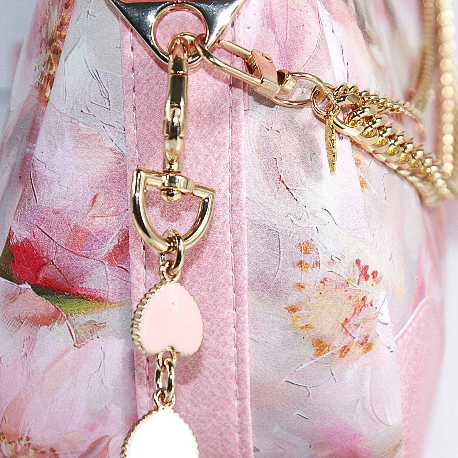 Passionate Pink Annabelle Shoulder Bag – pink floral handbag with gold chain accent and pink heart extenders