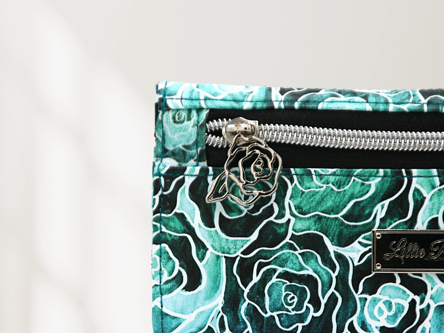 Rose zipper pull in Seaglass Roses Wallet