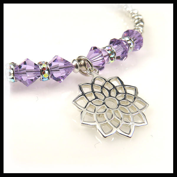 Violet Swarovski Crystal Bracelet with Crown Chakra charm and sterling silver nuggets