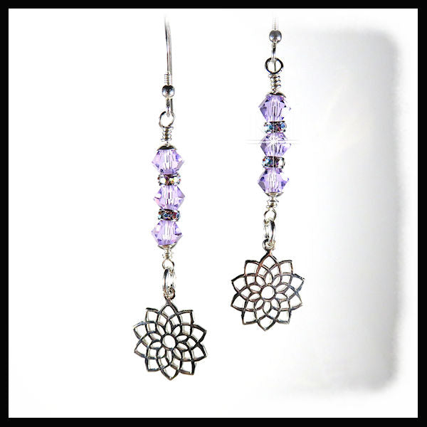 Violet Swarovski Crystasl Earrings with Crown Chakra charm and sterling silver nuggets
