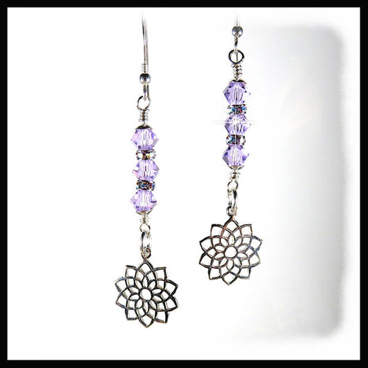 Violet Swarovski Crystasl Earrings with Crown Chakra charm and sterling silver nuggets